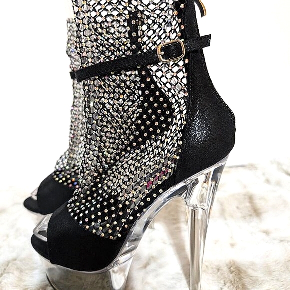 Golden Bulls Black Mesh Rhinestone Clear 6" Platform High Heels - Picture 6 of 10